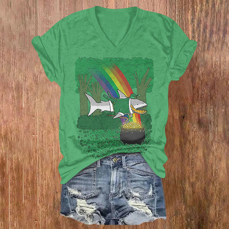 St. Patrick's Day Rainbow Shark Print T-shirt - Green - US32-34(5XL) - image 1
