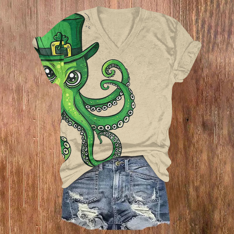  St. Patrick's Day Hat Octopus Art Print T-shirt - Khaki - US32-34(5XL) - image 1