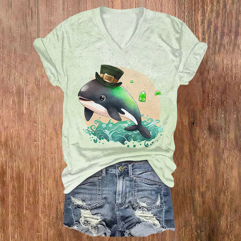 St. Patrick's Day Fun Ocean Whale Print T-shirt - Light Green - US32-34(5XL) - image 1