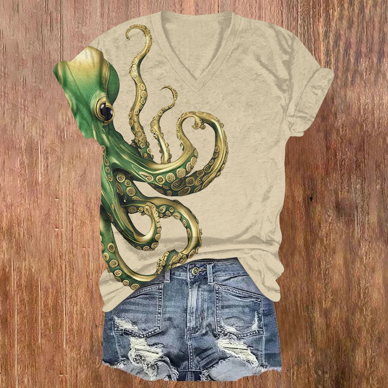 St. Patrick's Day Retro Octopus Art Print T-shirt - Khaki - US32-34(5XL) - image 1