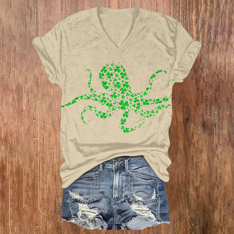 St. Patrick's Day Four Leaf Clover Octopus Art Print T-shirt - Khaki - US32-34(5XL) - image 1