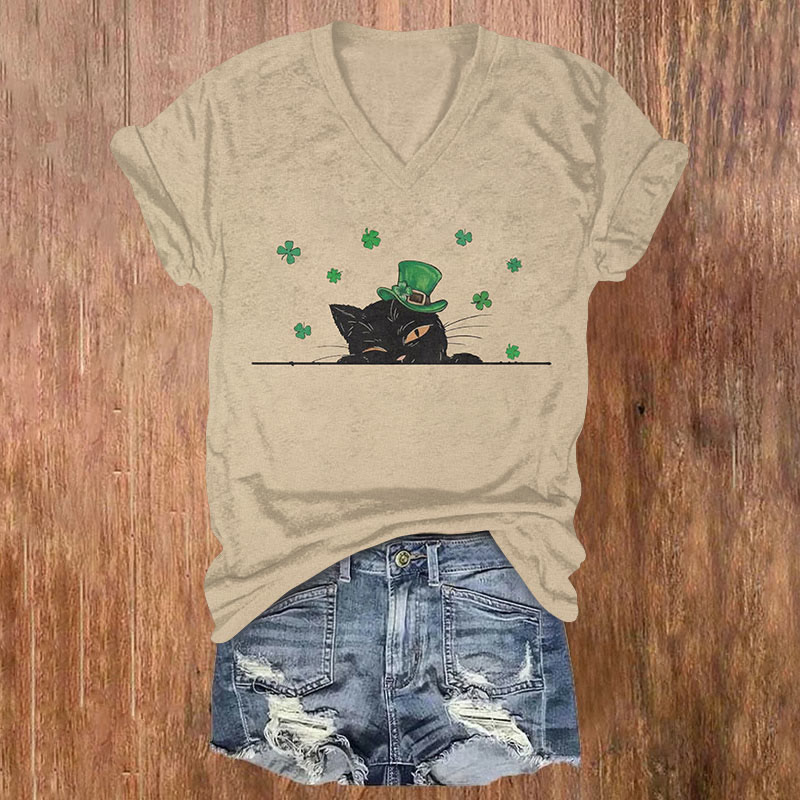 St. Patrick's Day Four Leaf Clover Funny Cat Print T-shirt - Khaki - US32-34(5XL) - image 1