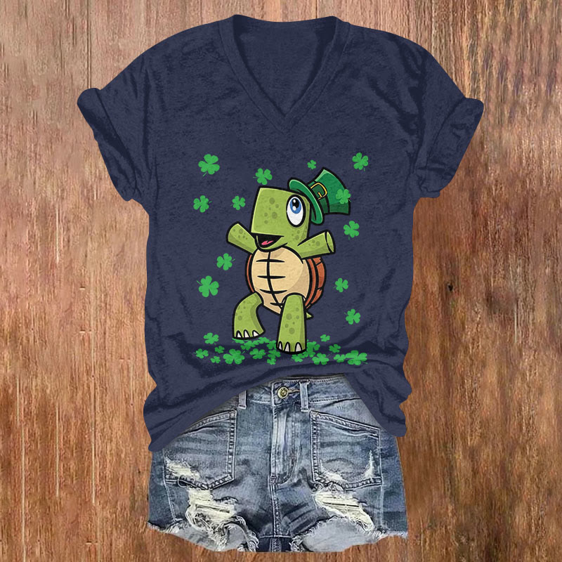 St. Patrick's Day Fun Turtle And Four Leaf Clover Print T-shirt - Dark Blue - US32-34(5XL) - image 1