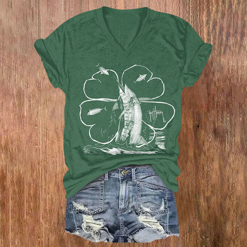 St. Patrick's Day Fish And Four Leaf Clover Print T-shirt - Green - US32-34(5XL) - image 1