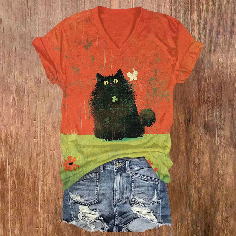 St. Patrick's Day Funny Cat Print T-shirt - Orange - US32-34(5XL) - image 1