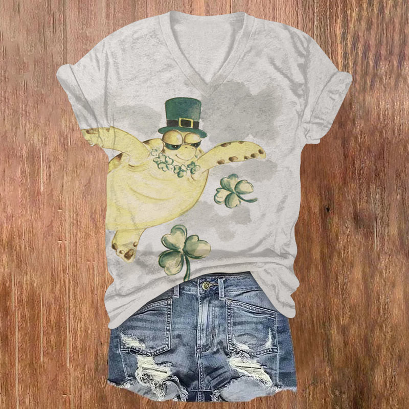 St. Patrick's Day Turtle And Four Leaf Clover Print T-shirt - Light Gray - US32-34(5XL) - image 1