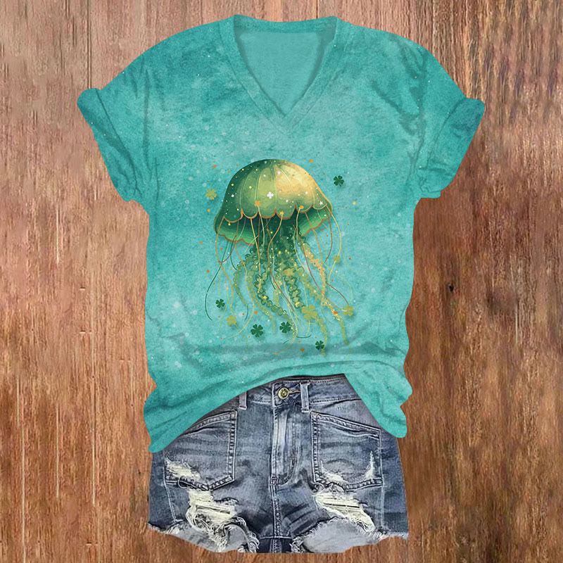 St. Patrick's Day Ocean Jellyfish Art Print T-shirt - Lake Blue - US32-34(5XL) - image 1