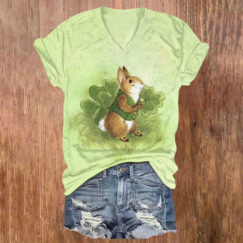 St. Patrick's Day Fun Bunny Four Leaf Clover Print T-shirt - Green - US32-34(5XL) - image 1