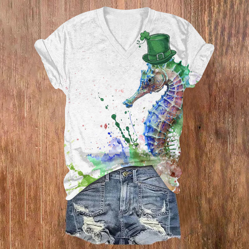 St. Patrick's Day Watercolor Seahorse Art Print T-shirt - White - US32-34(5XL) - image 1