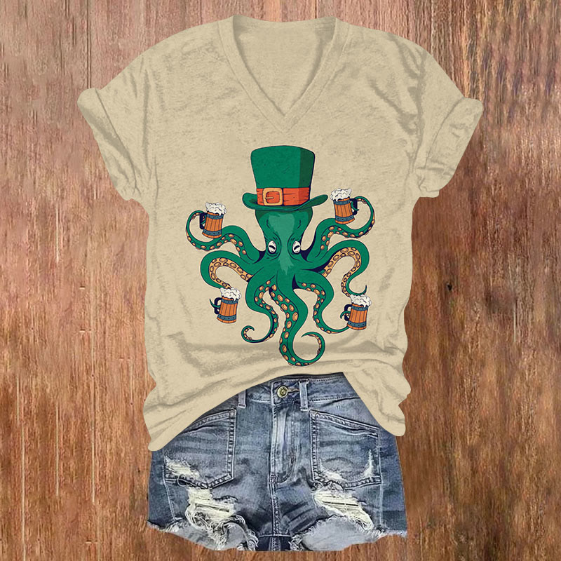 St. Patrick's Day Octopus And Beer Print T-shirt - Khaki - US32-34(5XL) - image 1