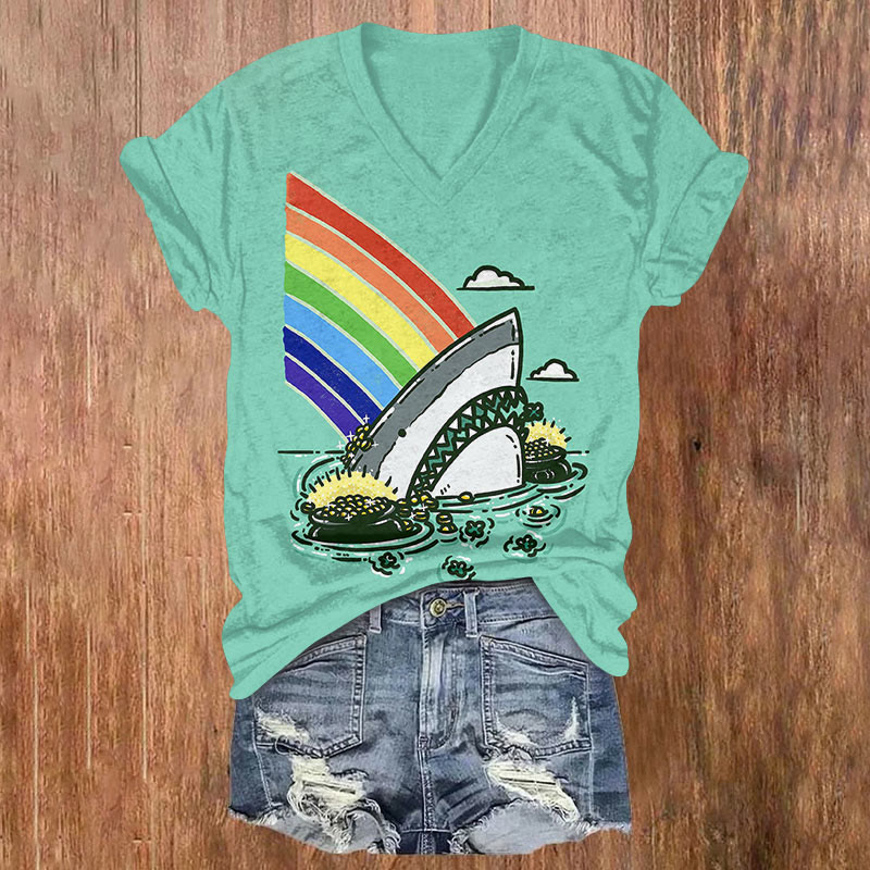 St. Patrick's Day Golden Coins And Rainbow Shark Print T-shirt - Mint - US32-34(5XL) - image 1