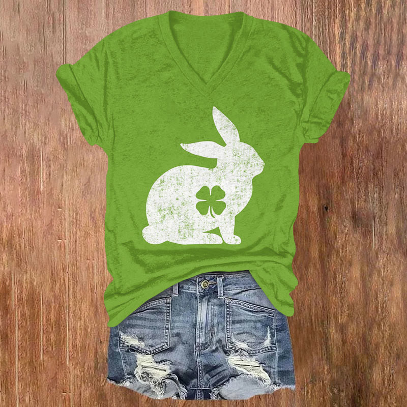 St. Patrick's Day Bunny And Four Leaf Clover Print T-shirt - Green - US32-34(5XL) - image 1
