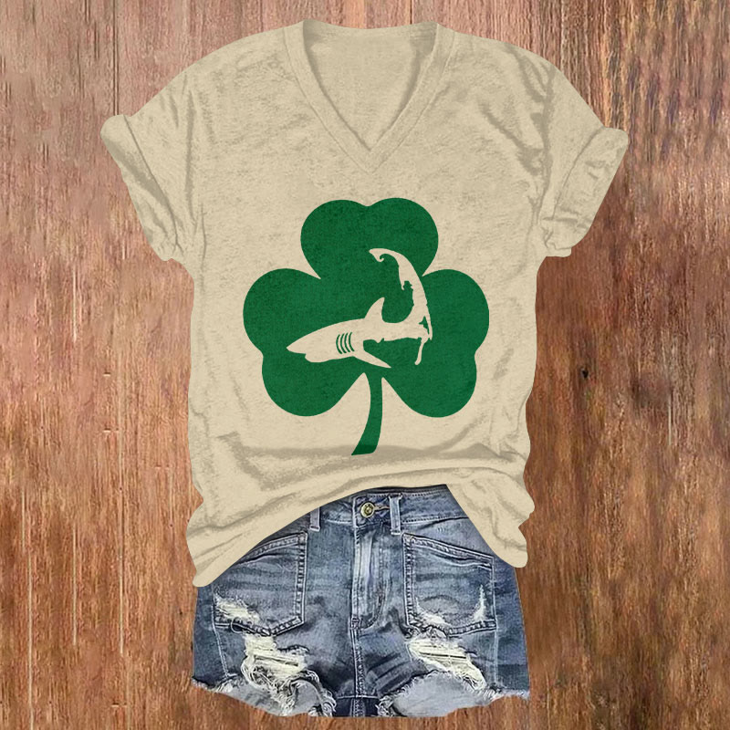 St. Patrick's Day Ocean Conservation Shark Art Print T-shirt - Khaki - US32-34(5XL) - image 1