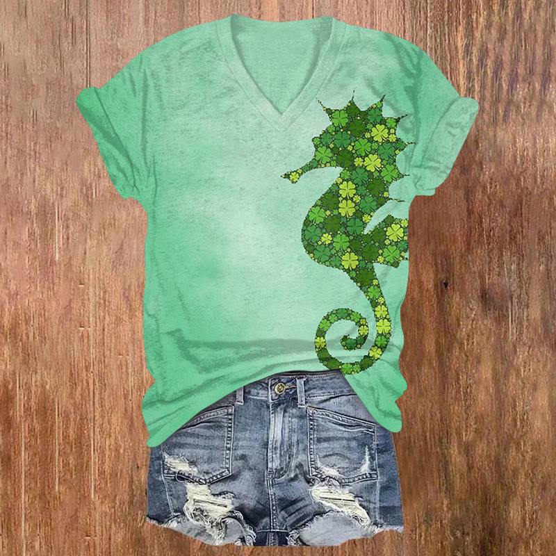 St. Patrick's Day Ocean Seahorse Four Leaf Clover Print T-shirt - Green - US32-34(5XL) - image 1