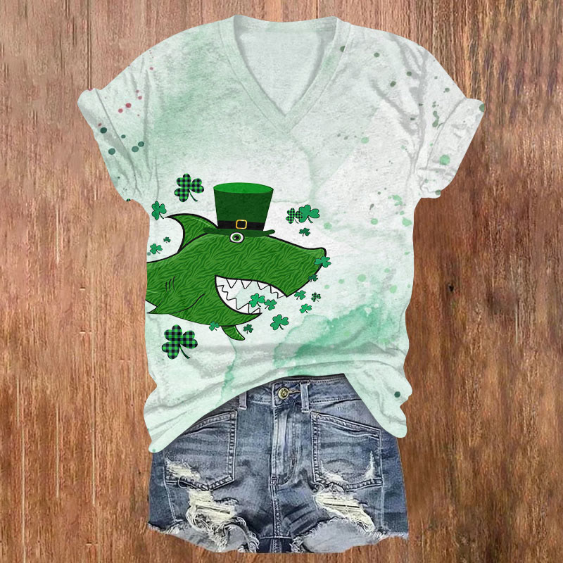 St. Patrick's Day Cartoon Shark Art Print T-shirt - Green - US32-34(5XL) - image 1