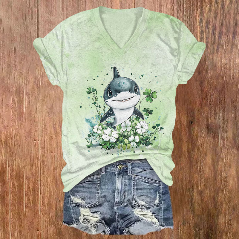 St. Patrick's Day Ocean Shark And Four Leaf Clover Sfumato Art Print T-shirt - Light Green - US32-34(5XL) - image 1