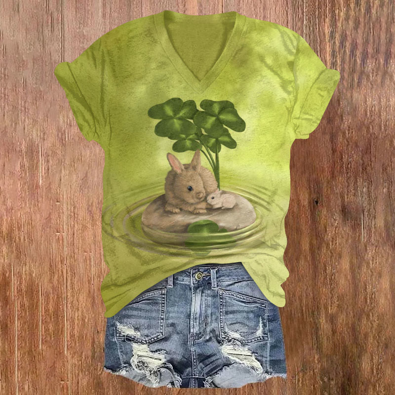 St. Patrick's Day Bunny And Four Leaf Clover Art Print T-shirt - Olive Green - US32-34(5XL) - image 1