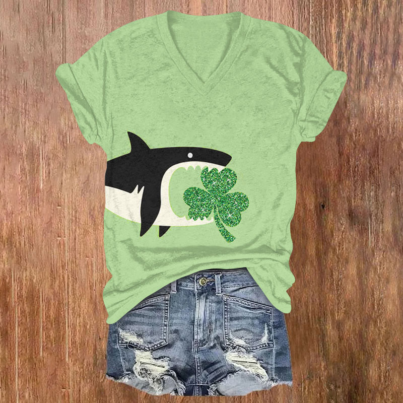 St. Patrick's Day Cartoon Shark And Clover Print T-shirt - Green - US32-34(5XL) - image 1