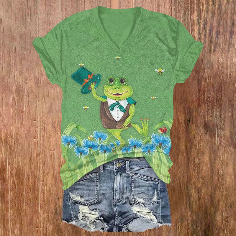 St. Patrick's Day Hat Frog And Flowers Art Print T-shirt - Green - US32-34(5XL) - image 1