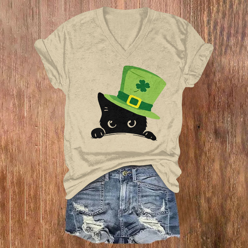 St. Patrick's Day Hat Peeping Cat Print T-shirt - Khaki - US32-34(5XL) - image 1