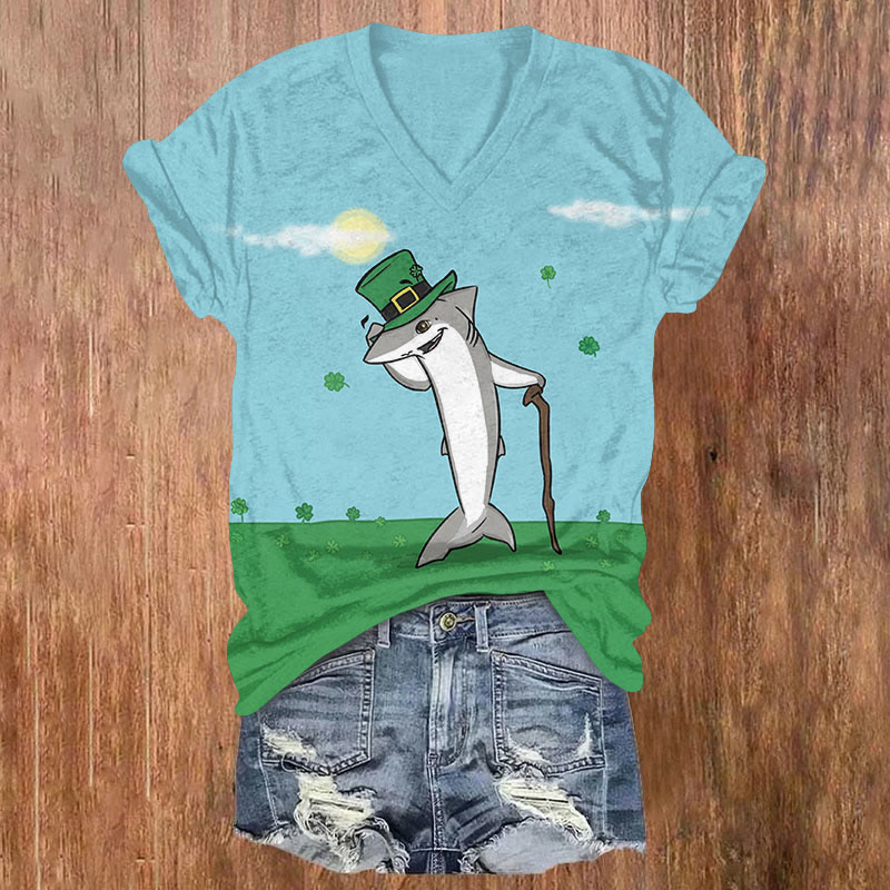 St. Patrick's Day Fun Top Hat Shark Print T-shirt - Sky Blue - US32-34(5XL) - image 1