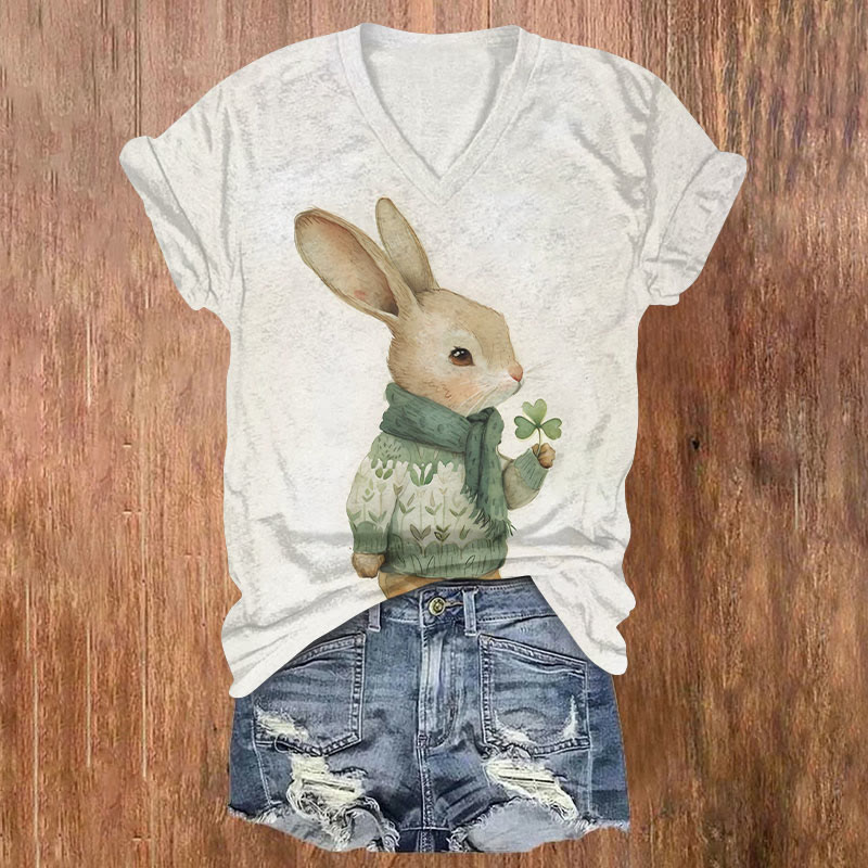 St. Patrick's Day Cute Bunny Clover Print T-shirt - White - US32-34(5XL) - image 1