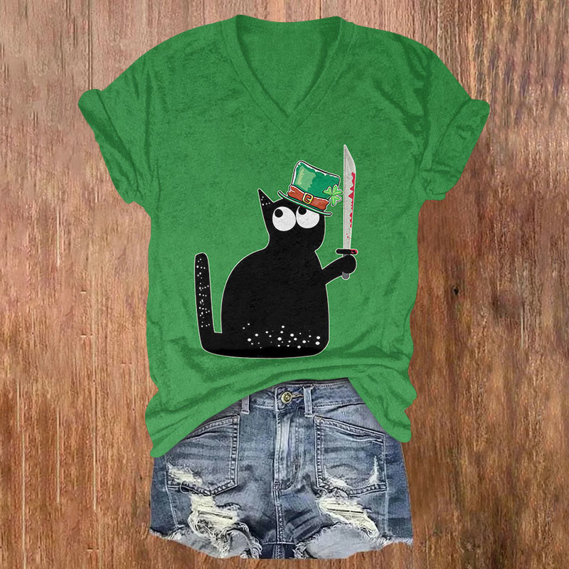 St. Patrick's Day Black Cat Print T-shirt - Green - US32-34(5XL) - image 1