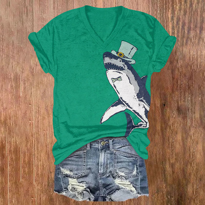 St. Patrick's Day Top Hat Shark Art Print T-shirt - Green - US32-34(5XL) - image 1