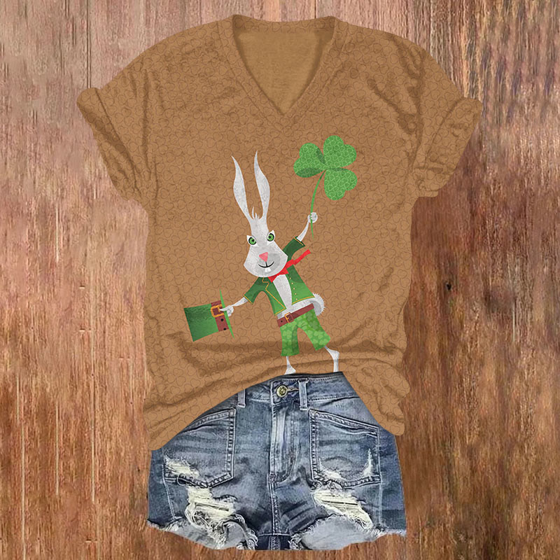 St. Patrick's Day Cute Rabbit In Top Hat Holding Clover Print T-shirt - Coffee - US32-34(5XL) - image 1