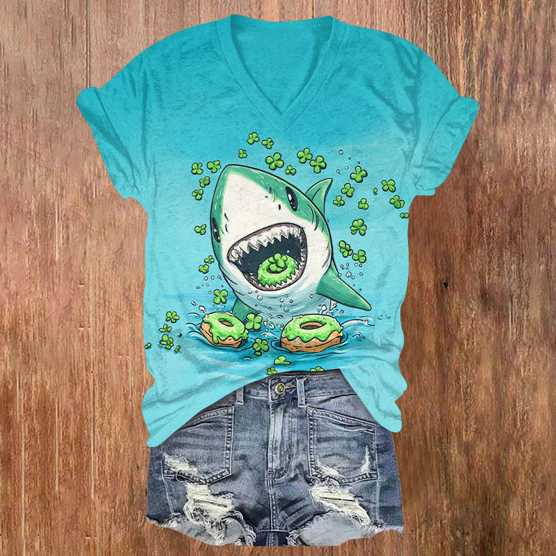 St. Patrick's Day Donut Eating Shark And Clover Print T-shirt - Sky Blue - US32-34(5XL) - image 1