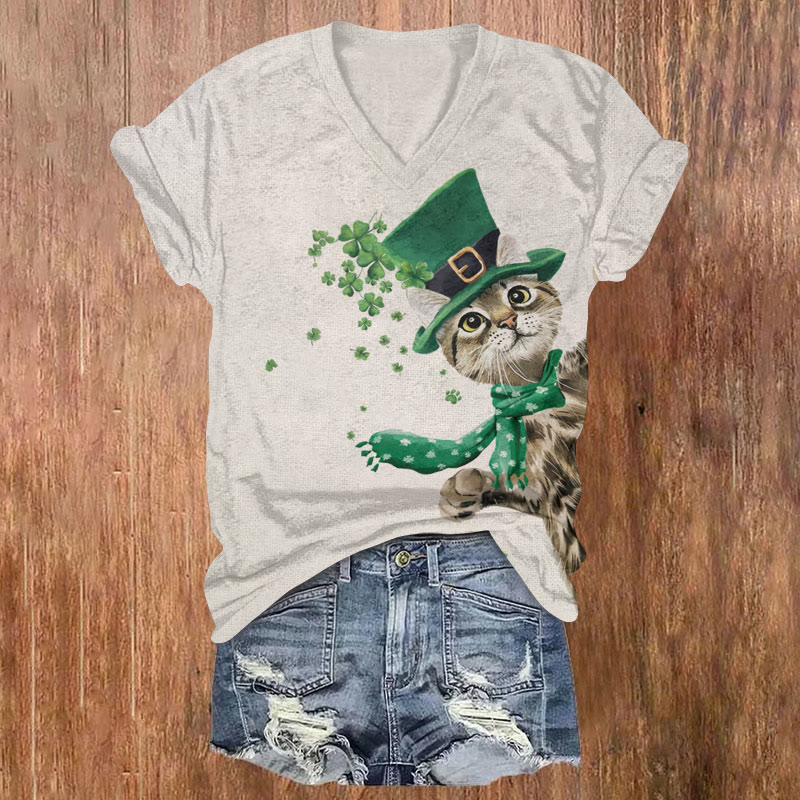 St. Patrick's Day Top Hat Clover Cat Print T-shirt - Apricot - US32-34(5XL) - image 1