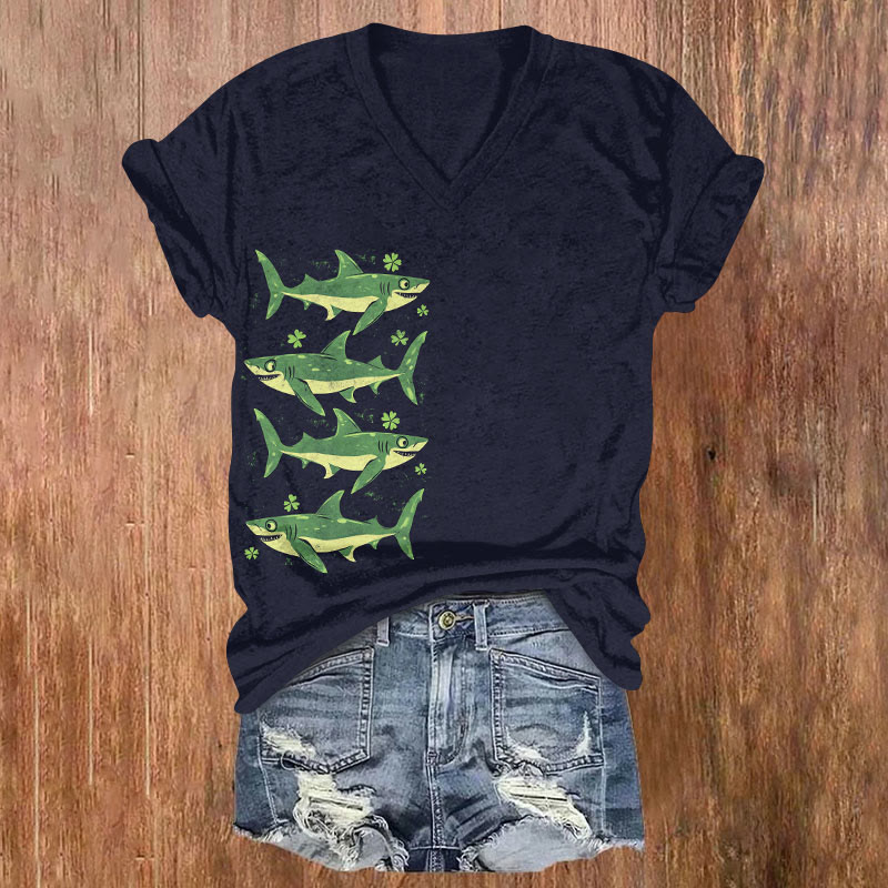 St. Patrick's Day Shark And Four Leaf Clover Print T-shirt - Dark Blue - US32-34(5XL) - image 1