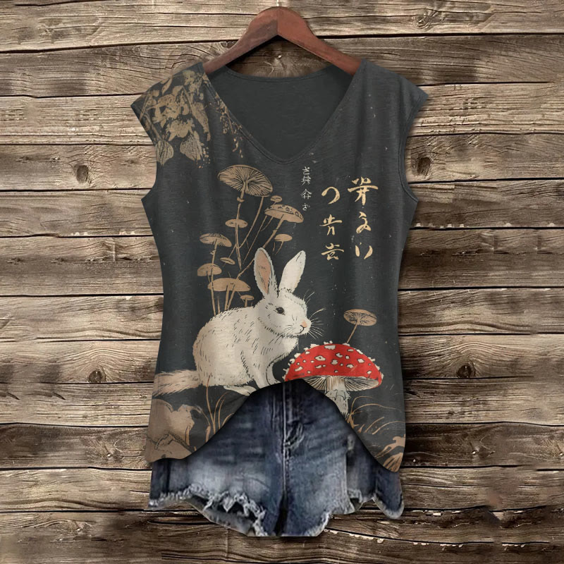 Vintage Rabbit And Vibrant Mushroom Print V Neck Casual Tank Top - Black - 5XL - image 1