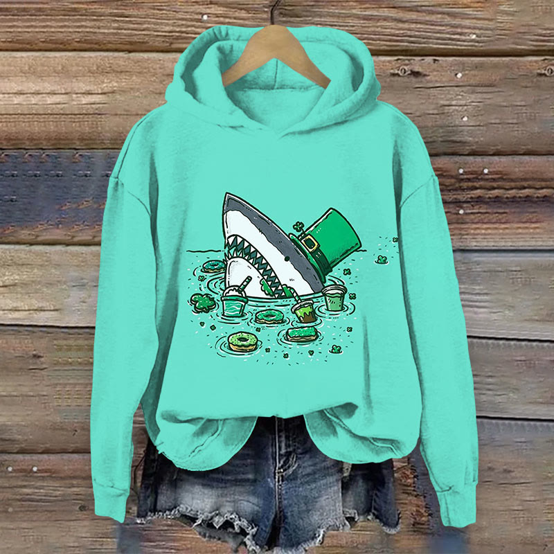 St. Patrick's Day Shark Print Long Sleeve Hoodie - Lake Blue - US44-46(8XL) - image 1