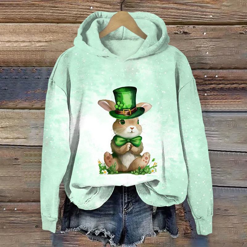 St. Patrick's Day Bunny Print Long Sleeve Hoodie - Light Green - US44-46(8XL) - image 1
