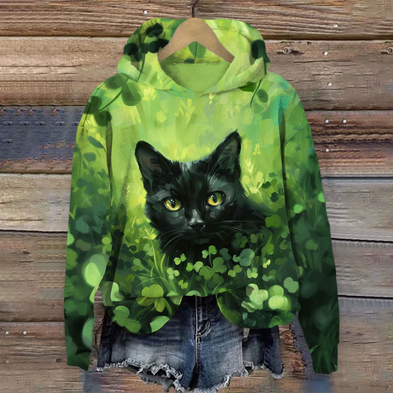 St. Patrick's Day Black Cat And Four Leaf Clover Print Long Sleeve Hoodie - Green - US44-46(8XL) - image 1