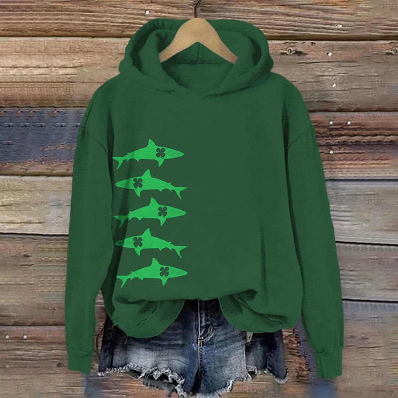 St. Patrick's Day Shark Clover Art Print Long Sleeve Hoodie - Green - US44-46(8XL) - image 1
