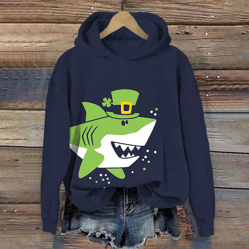 St. Patrick's Day Simple Shark Art Print Long Sleeve Hoodie - Dark Blue - US44-46(8XL) - image 1