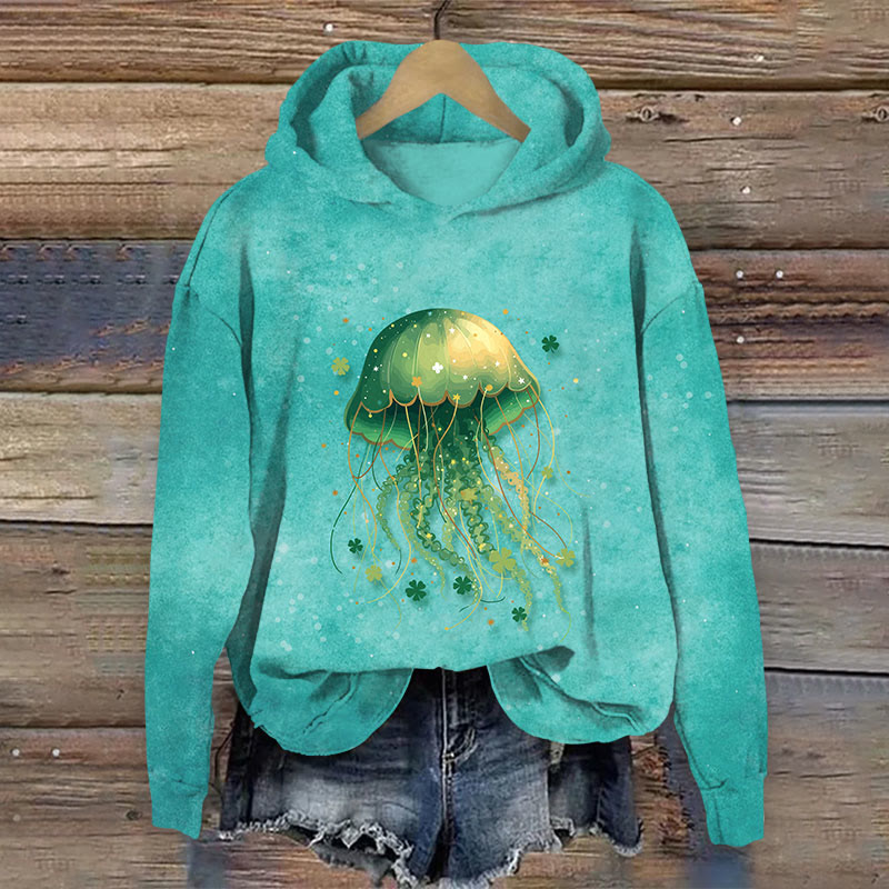 St. Patrick's Day Ocean Jellyfish Art Print Long Sleeve Hoodie - Lake Blue - US44-46(8XL) - image 1