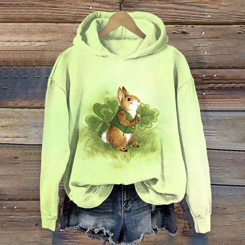 St. Patrick's Day Fun Bunny Four Leaf Clover Print Long Sleeve Hoodie - Green - US44-46(8XL) - image 1