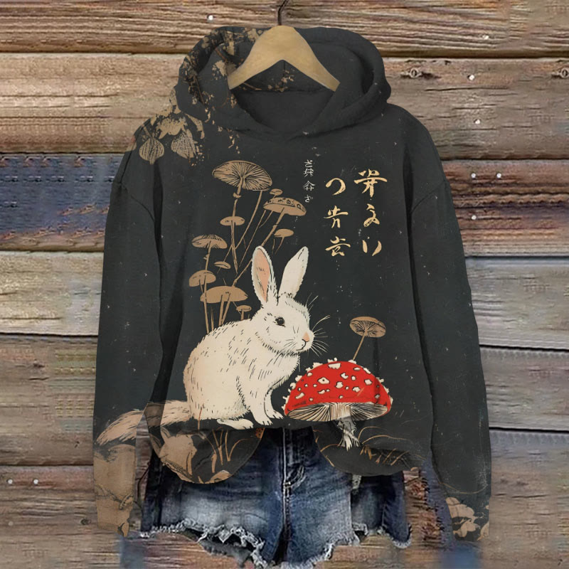 Vintage Rabbit And Vibrant Mushroom Print Long Sleeve Hoodie - Black - US44-46(8XL) - image 1