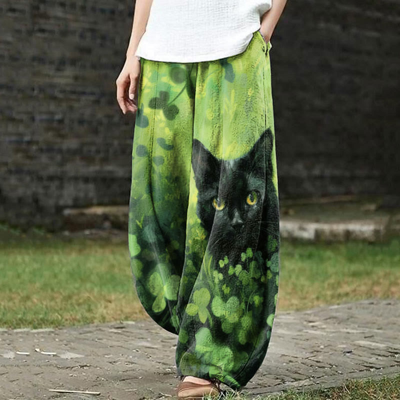 St. Patrick's Day Black Cat And Four Leaf Clover Print Casual Pants - Green - US18(5XL) - image 1