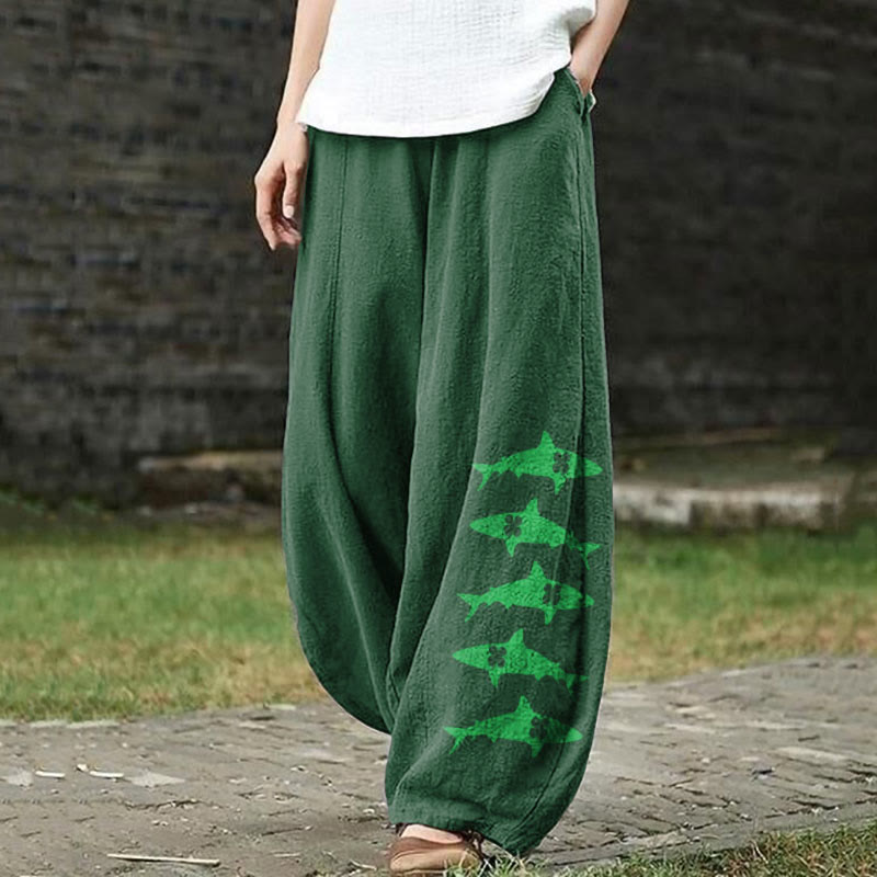 St. Patrick's Day Shark Clover Art Print Casual Pants - Green - US18(5XL) - image 1