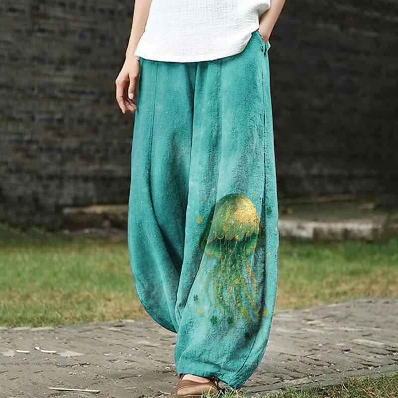 St. Patrick's Day Ocean Jellyfish Art Print Casual Pants - Lake Blue - US18(5XL) - image 1
