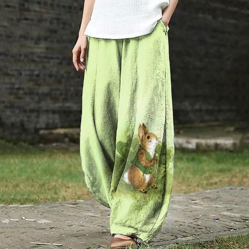 St. Patrick's Day Fun Bunny Four Leaf Clover Print Casual Pants - Green - US18(5XL) - image 1