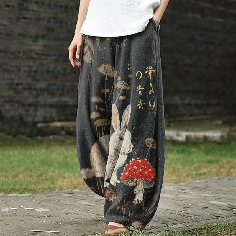 Vintage Rabbit And Vibrant Mushroom Print Casual Pants - Black - US18(5XL) - image 1