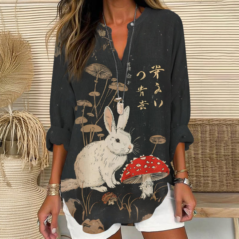 Vintage Rabbit And Vibrant Mushroom Print V Neck Long Sleeve Blouse - Black - 8XL - image 1