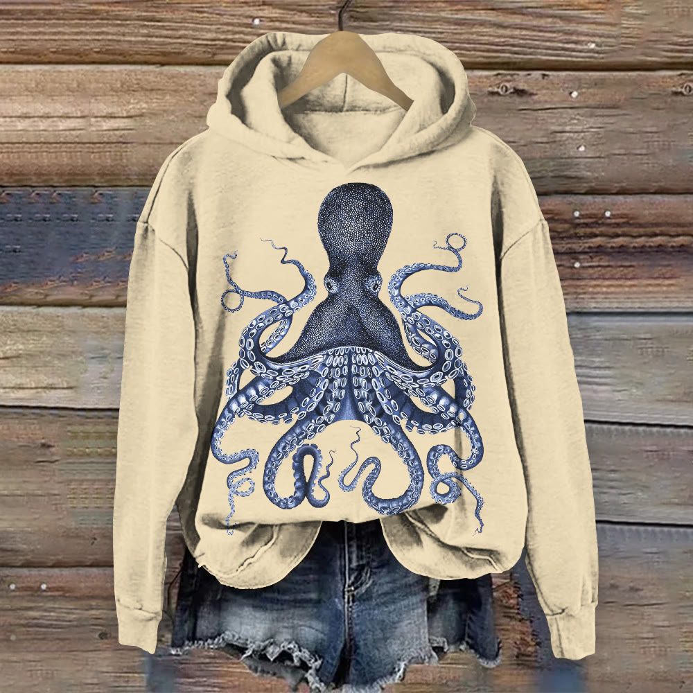 100% Cotton Japanese Octopus Print Hoodie - Apricot - US16-18(2XL) - image 1