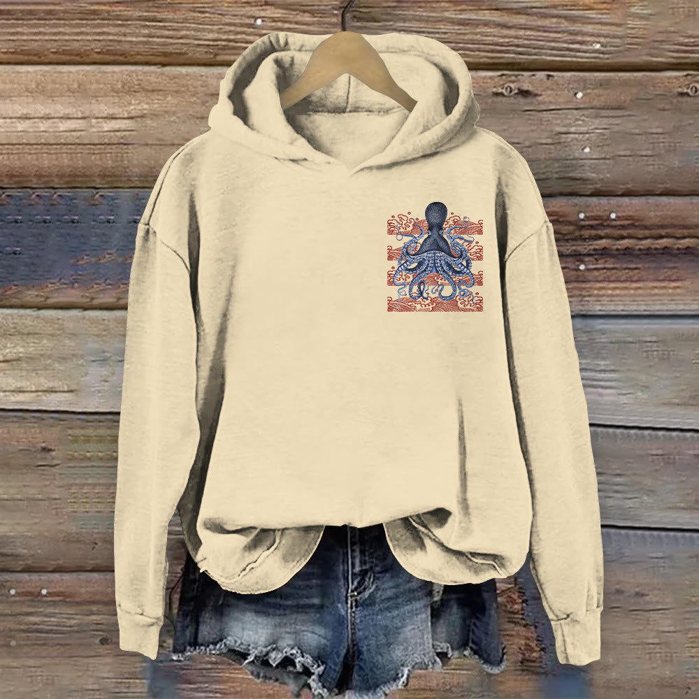 100% Cotton Japanese Wave Octopus Print Hoodie - Apricot - US16-18(2XL) - image 1