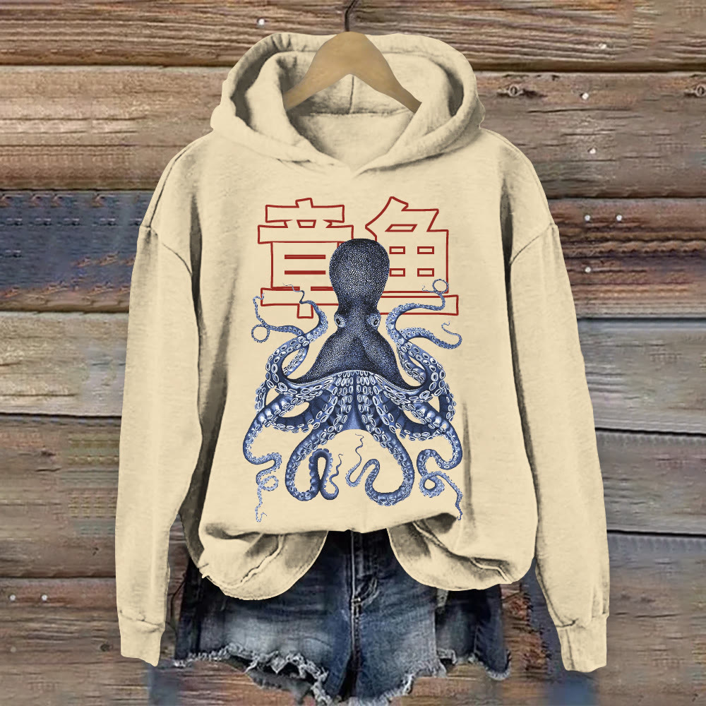 100% Cotton Japanese Style Contrasting Octopus Print Hoodie - Apricot - US16-18(2XL) - image 1